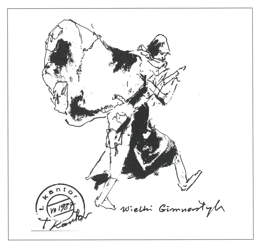 Dessin de Tadeusz Kantor, programme de la création de JE NE REVIENDRAI JAMAIS, Milan, 1988. 