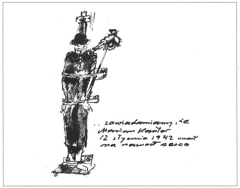 Dessin de Tadeusz Kantor, programme de la création de JE NE REVIENDRAI JAMAIS, Milan, 1988.