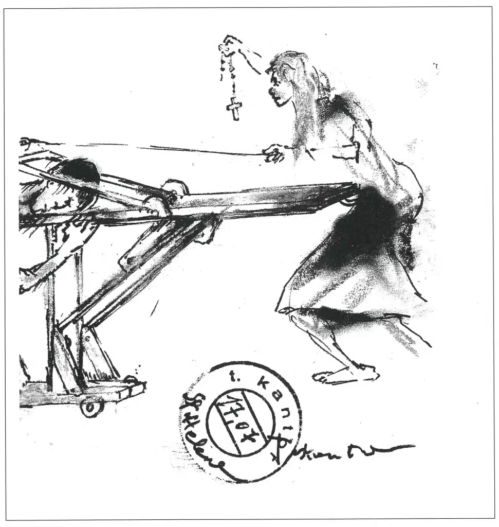 Dessin de Tadeusz Kantor, programme de la création de JE NE REVIENDRAI JAMAIS, Milan, 1988.