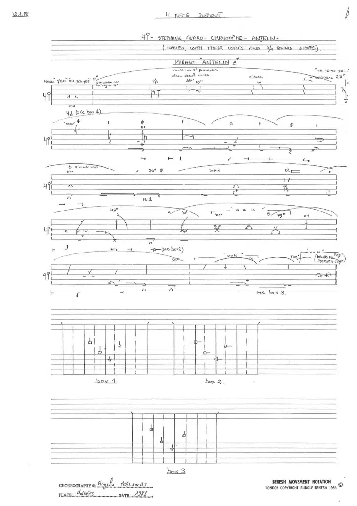 Notation d’une chorégraphie d’Angelin Preljocaj. © R. Benesh, 1955 