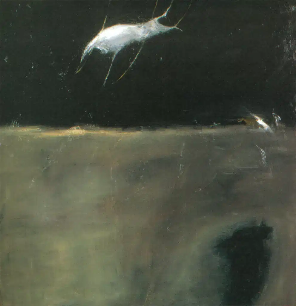 CHRIST LOWERED
ON WIRES
Peinture de Howard
Barker.
90 x 90 cm,
huile sur toile. 