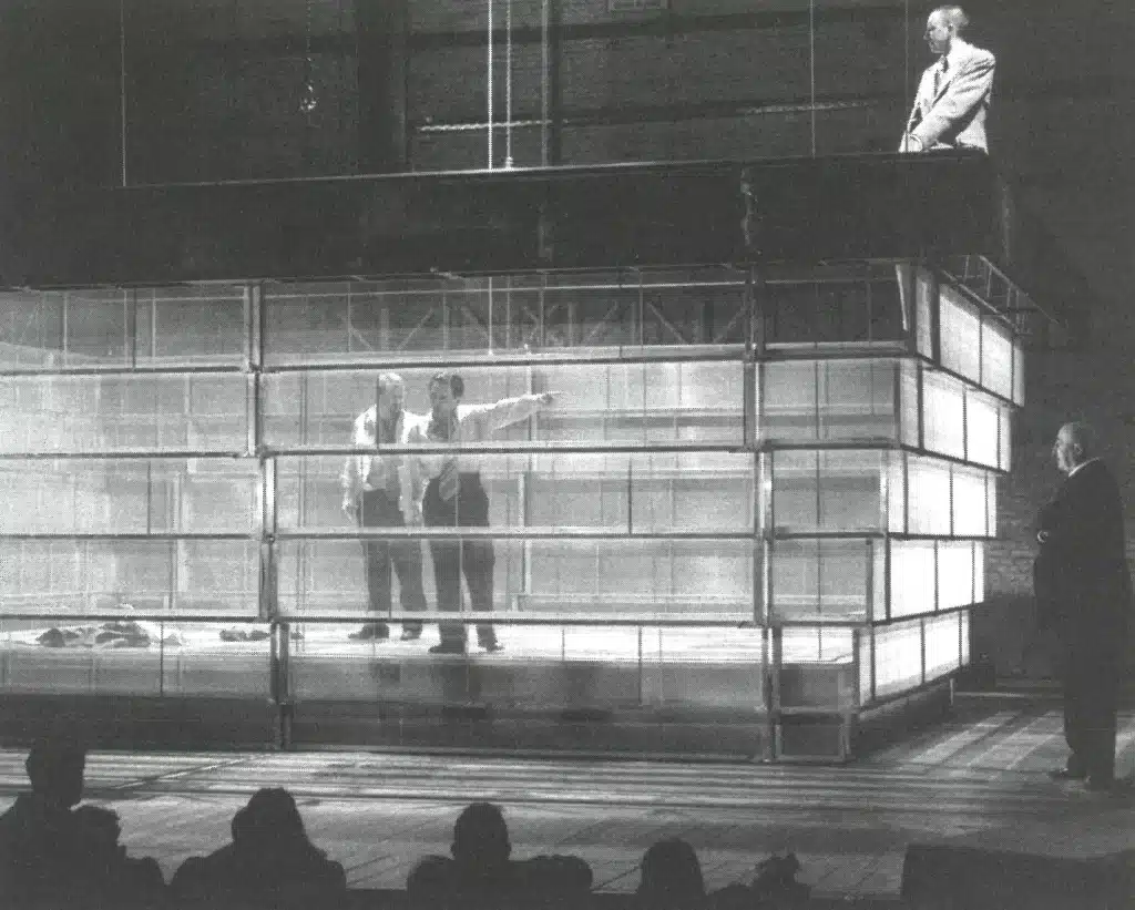 François Joinville, Benoît van Dorslaer, Philippe Grand’Henry et Max Parfondry dans SAINTE JEANNE DES ABATTOIRS de Bertolt Brecht, mise en scène Lorent Wanson. Photo Marie-Françoise Plissart.