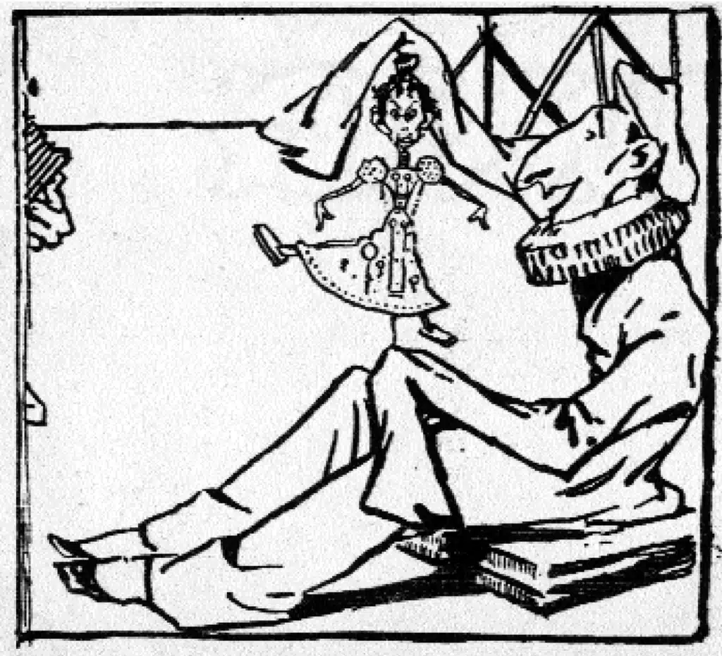 Caricature de Re-mi. V. Meyerhold-Pierrot tire sur les fils de la marionnette Vera Komissarjevskaïa. Peterbourgskaïa Gazeta, 4 mars 1907.