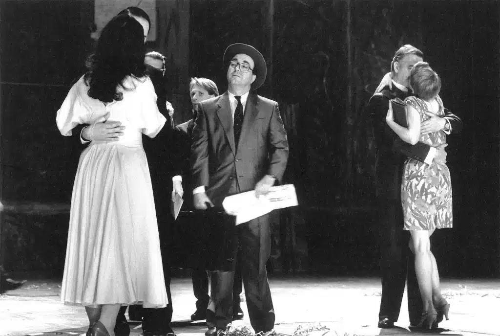 Pavel Landovsky, Ignaz Kirchner, Gert Voss, Friedrich-Karl Praetorius dans LE MARCHAND DE VENISE de Shakespeare, mise en scène Peter Zadek. Photo Marc Enguerand.