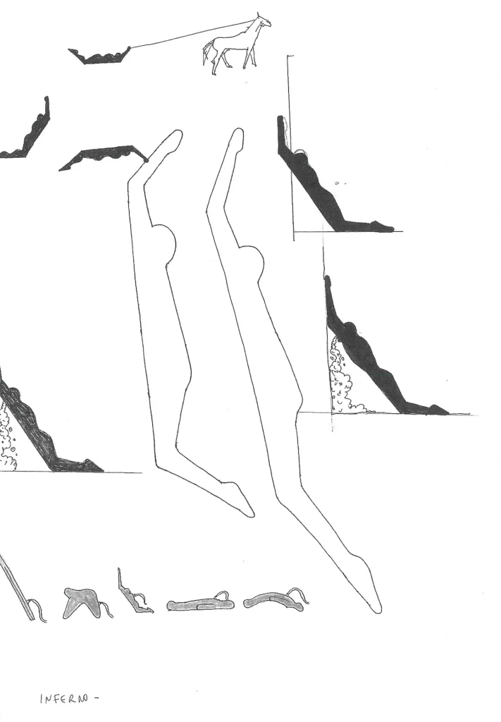 Les croquis ci-dessus
esquissent diverses
utilisations possibles du
«sarcophage» à silhouette
humaine. L"idée de le faire
tirer par un cheval ne
devrait pas être réalisée.
En bas, autres études
de forme pour le
«sarcophage».