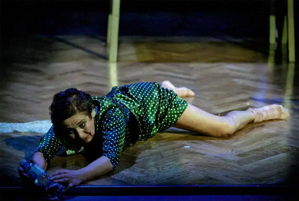 Ewa Dałkowska dans La Fin d'après Franz Kafka, Bernard-Marie Koltès, J. M. Coetzee. Nowy Teatr, Varsovie, 2010. Photo Magda Hueckel.