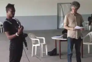 Fabrizio Cassol et Rodriguez Vangama, répétition de Coup fatal, Kinshasa, février 2014. Photo Bernard Debroux.