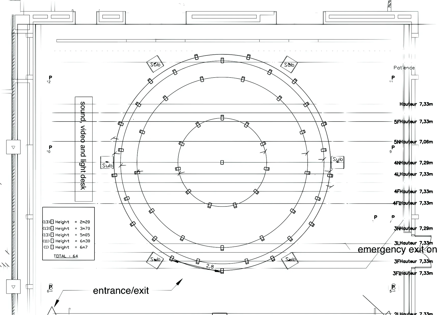 Schéma d’installation de la sphère de haut-parleurs pour Les Bacchantes au Centre Pompidou, 2020. Jérémie Henrot.