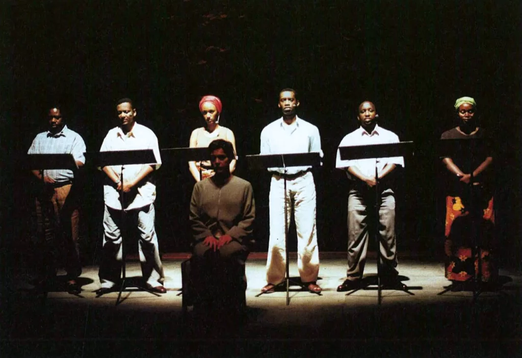 Tharcisse Kalisa Rugano, Massamba, Carole Karemara, Dorcy Rugamba, Augustin Majyambere, Jeanne Kayitesi, Joëlle Ledent, RWANDA 94. Photo Lou Hérion.