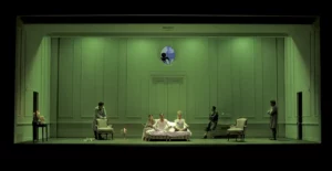 Samuel Réhault, Constance Larrieu, Laurent Poitrenaux, Déborah Marique, Julien Storini, Julien Allouf dans LA MORT DE DANTON, mise en scène Ludovic Lagarde, Comédie de Reims, 2012. Photo Pascal Gély.