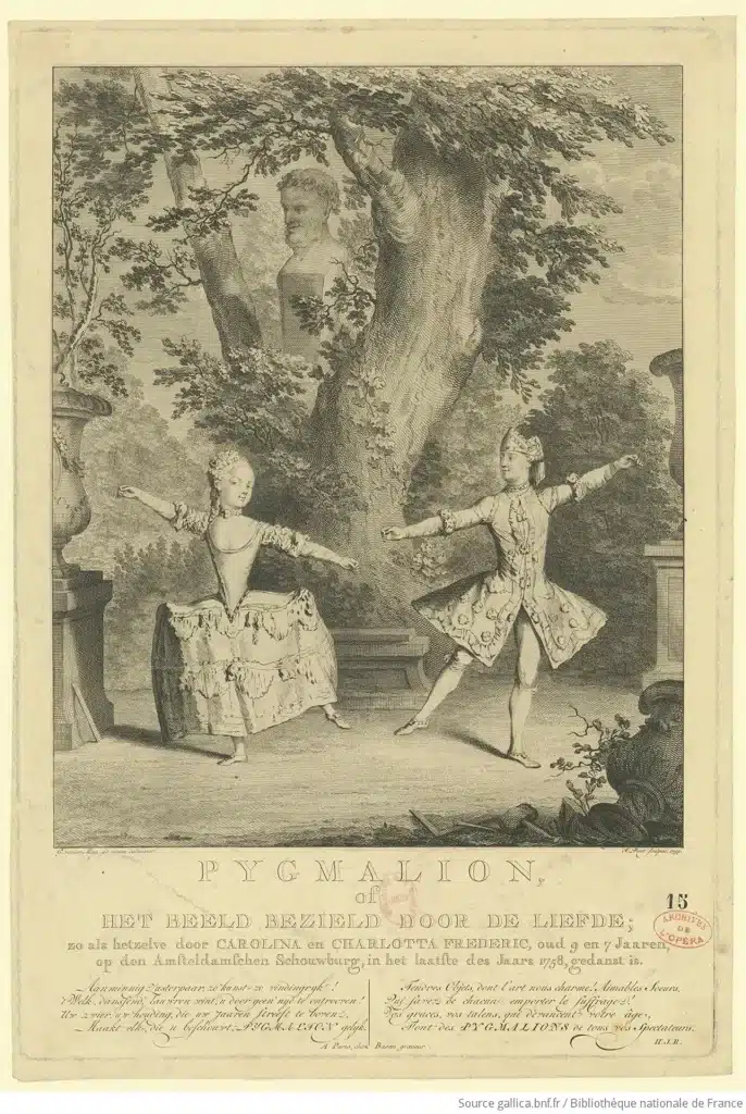 Les enfants du sieur Frederic, Carolina Frederic, 9 ans, et sa sœur, Charlotta Frederic, 7 ans, sur la scène d’un théâtre d’Amsterdam. La première se fit ensuite un nom, en tant que Madame Moulinghen. La seconde se fit connaître sous son nom de femme mariée, Madame Saint-Aubin. Gravure intitulée Pygmalion et l’image inspirée par l’amour, de J. Punt, d’après George N. van der Myn (1759). © Gallica