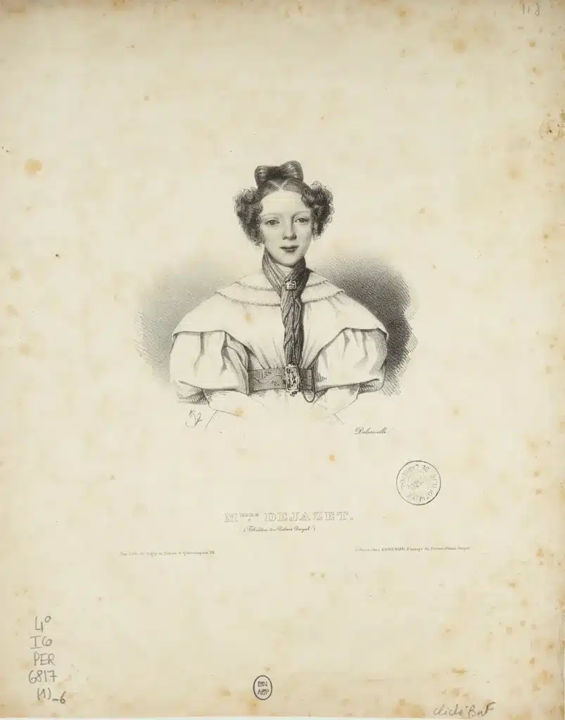 La comédienne Virginie Déjazet (1798-1875) se fit connaître dès l’enfance, avant de devenir une comédienne fameuse du « boulevard », réputée pour son talent comique, spécialisée dans les rôles de soubrette et les rôles masculins. Sa carrière dura soixante-dix ans. © Gallica.