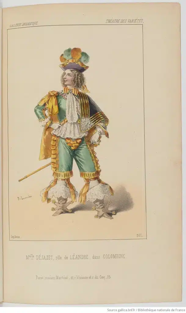 La comédienne Virginie Déjazet (1798-1875) se fit connaître dès l’enfance, avant de devenir une comédienne fameuse du « boulevard », réputée pour son talent comique, spécialisée dans les rôles de soubrette et les rôles masculins. Sa carrière dura soixante-dix ans. © Gallica.