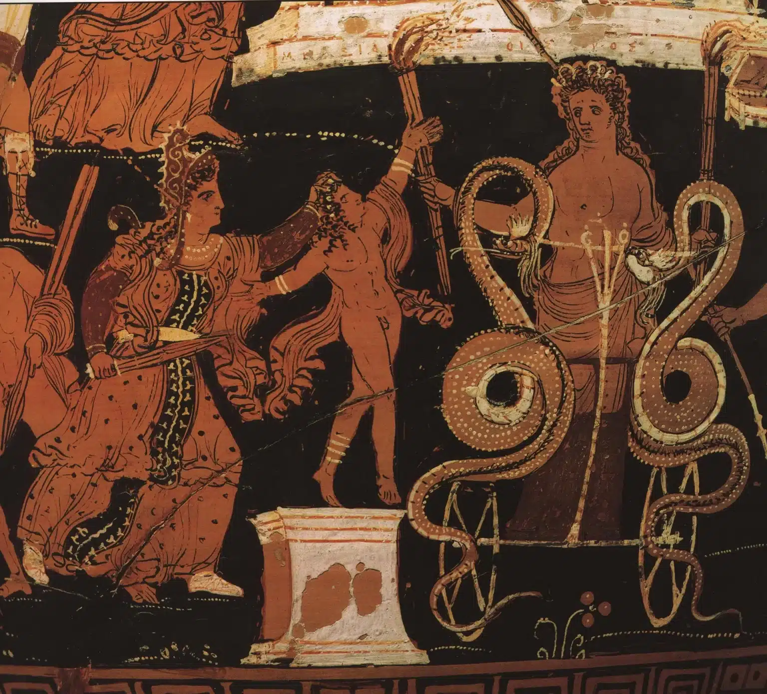 Détail d’un cratère à volutes à figures rouges apulien. Médée, lame à la main, maintient son fils par les cheveux, debout sur un bomos (autel). 330-310 AV JC Munich, Collections d'Antiquités et Glyptothèque de l'État bavarois